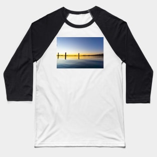 Sweeping lines of Tauranga's historic railway bridge with sunrising on left cast golden hues across harbor Baseball T-Shirt